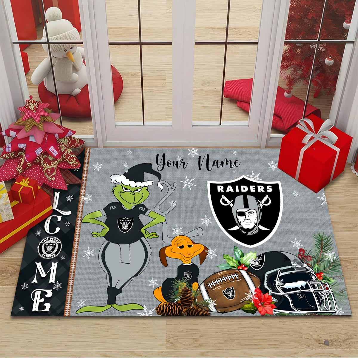 Las Vegas Raiders Grinch Christmas Welcome Football Doormat - Famjoys Las Vegas Raiders Grinch Christmas Welcome Football Doormat - Famjoys