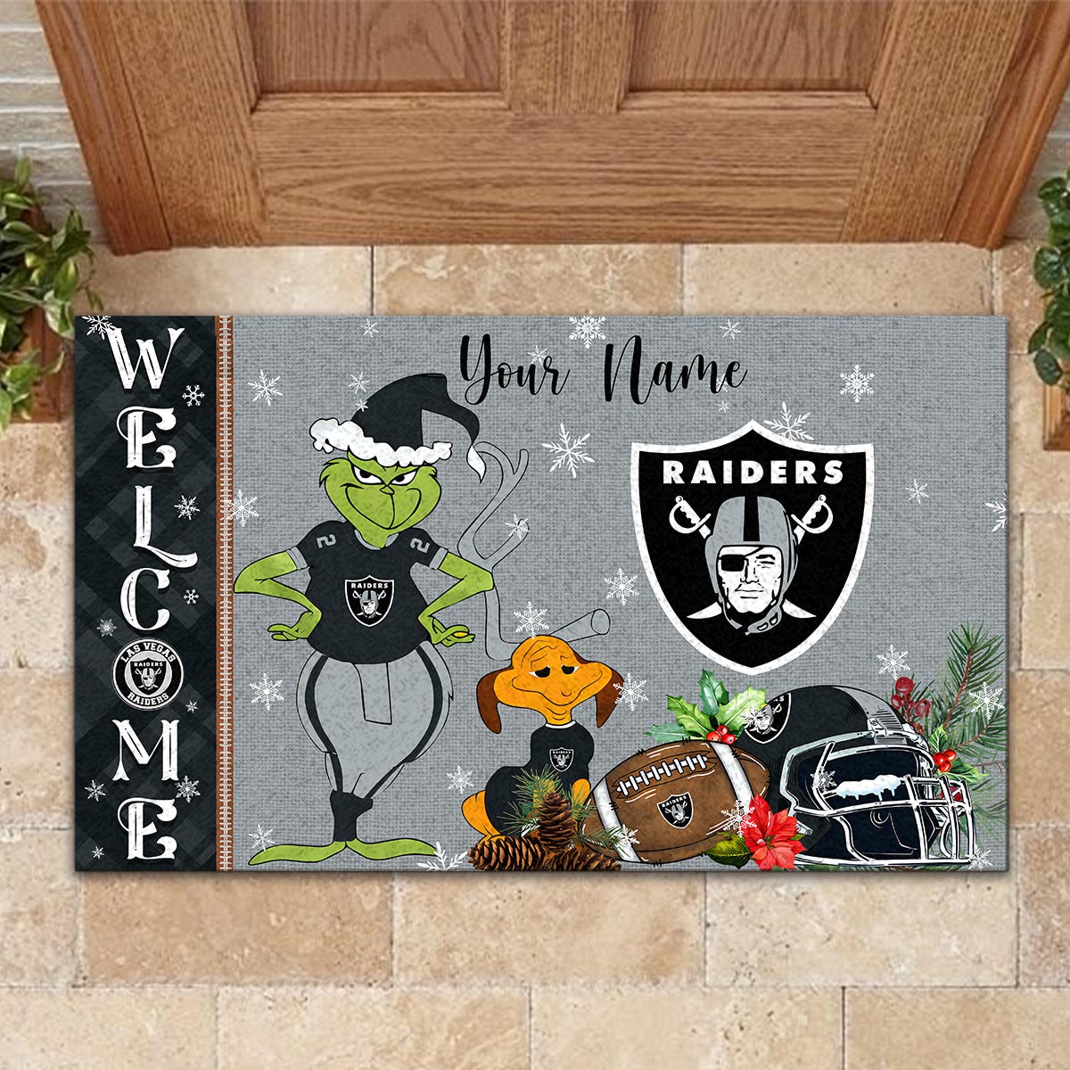 Las Vegas Raiders Grinch Christmas Welcome Football Doormat - Famjoys Las Vegas Raiders Grinch Christmas Welcome Football Doormat - Famjoys
