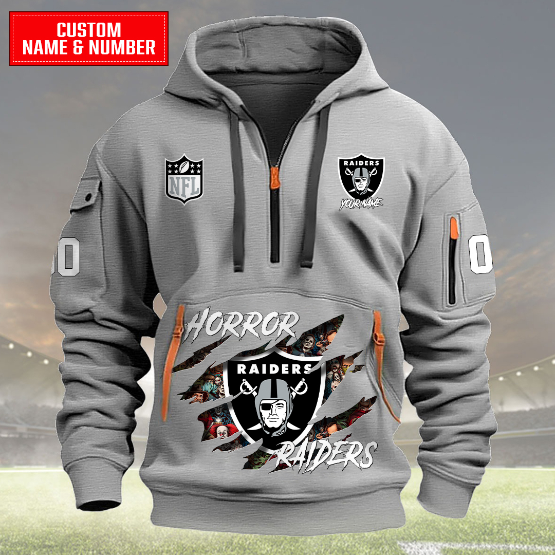 Las Vegas Raiders Halloween Horror Collection Personalize Quarter Zip Hoodie AZCAQZH000026 - Famjoys Las Vegas Raiders Halloween Horror Collection Personalize Quarter Zip Hoodie AZCAQZH000026 - Famjoys