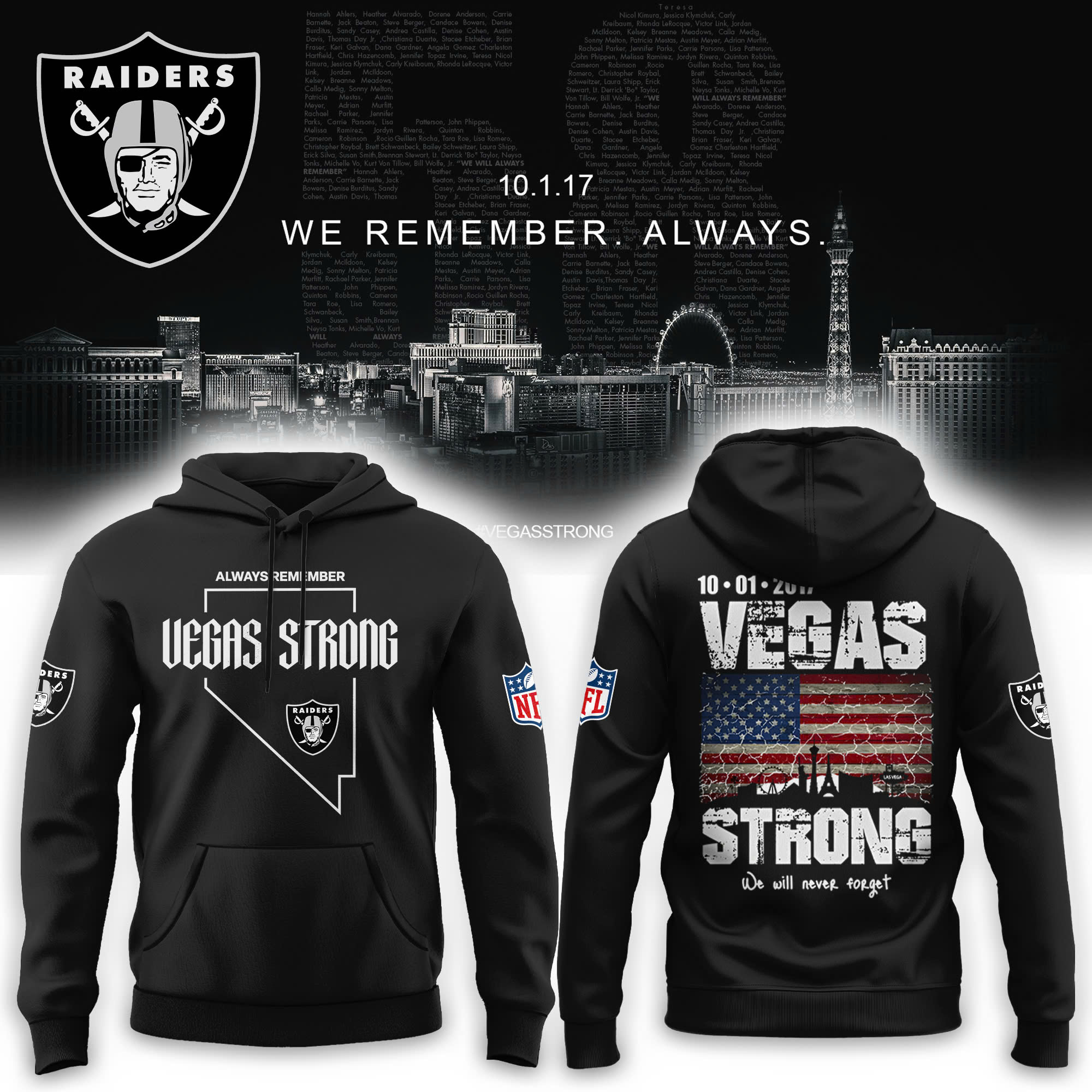 Las Vegas Raiders VegasStrong Always Remember Hoodie - Famjoys Las Vegas Raiders VegasStrong Always Remember Hoodie - Famjoys