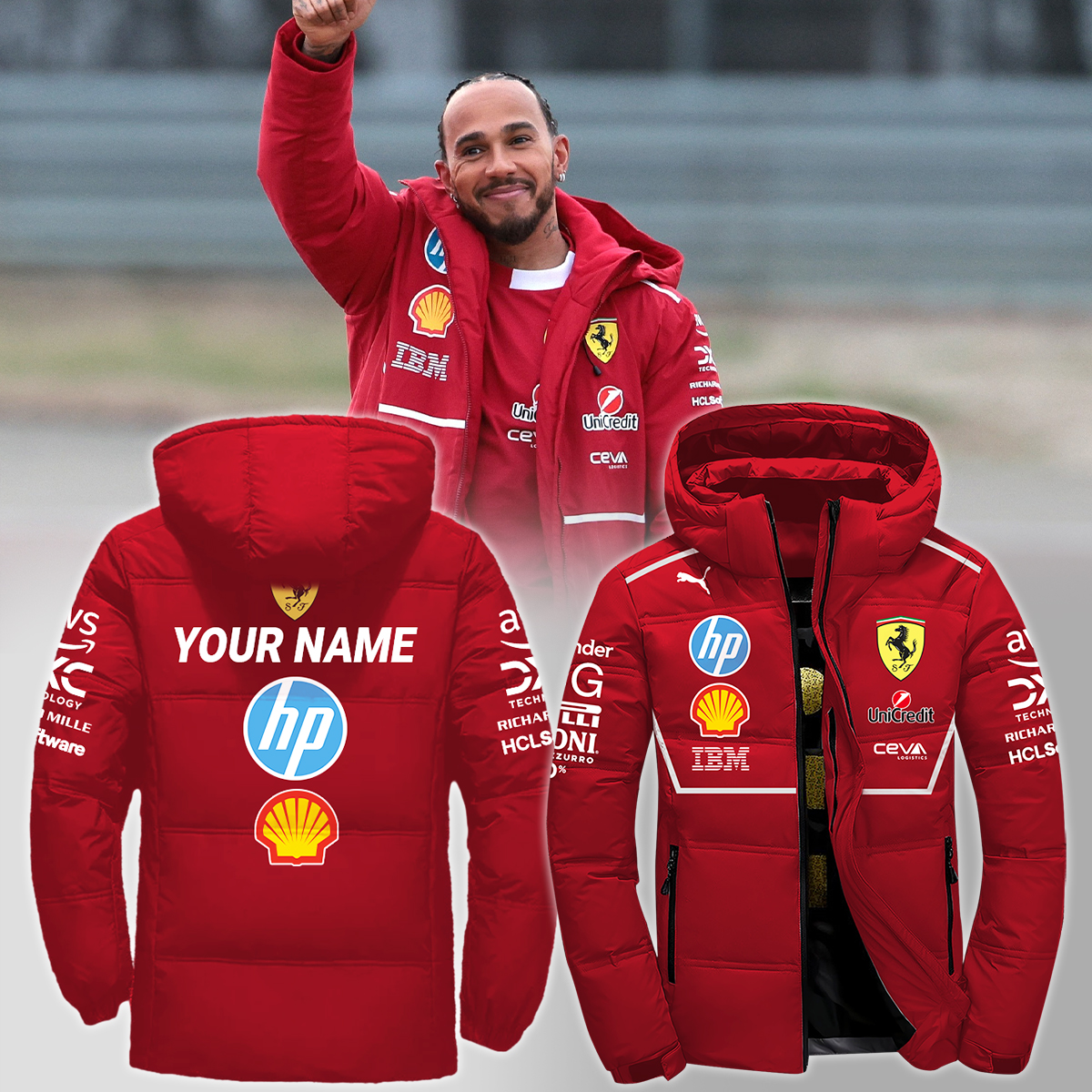 Lewis Hamilton Ferrari custom Down Jacket - Famjoys Lewis Hamilton Ferrari custom Down Jacket - Famjoys