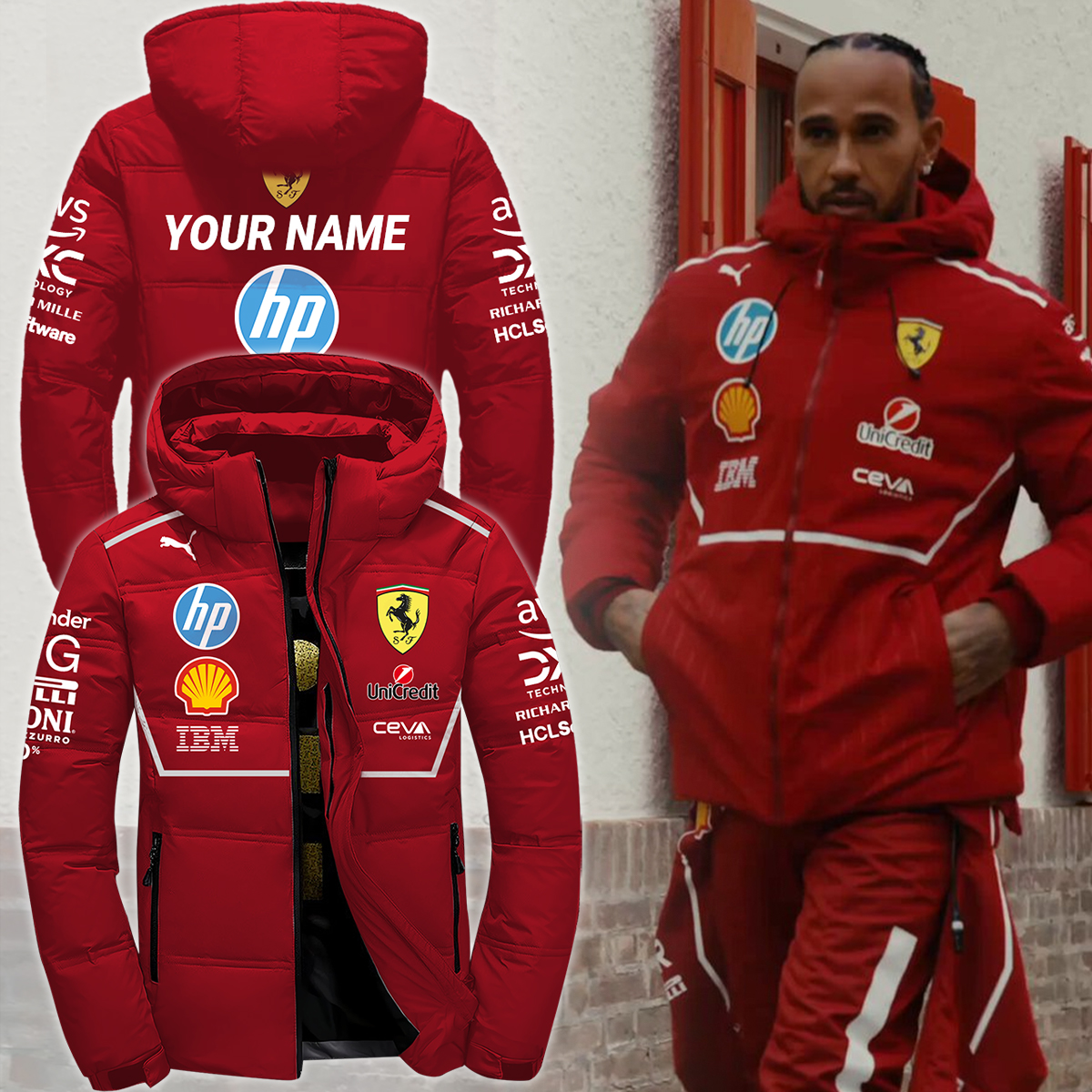 Lewis Hamilton Ferrari custom Down Jacket - Famjoys Lewis Hamilton Ferrari custom Down Jacket - Famjoys