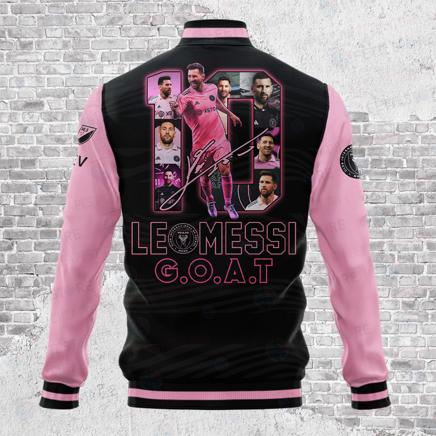 Lionel Messi Goat Inter Miami Varsity Jacket - Famjoys Lionel Messi Goat Inter Miami Varsity Jacket - Famjoys