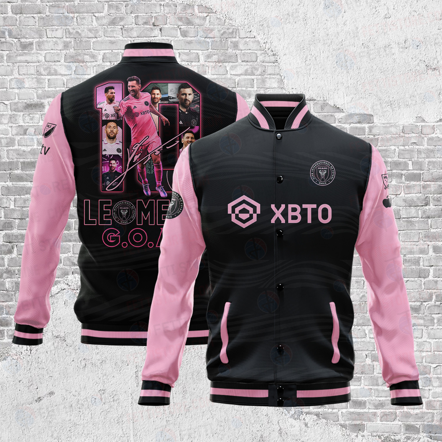 Lionel Messi Goat Inter Miami Varsity Jacket - Famjoys Lionel Messi Goat Inter Miami Varsity Jacket - Famjoys