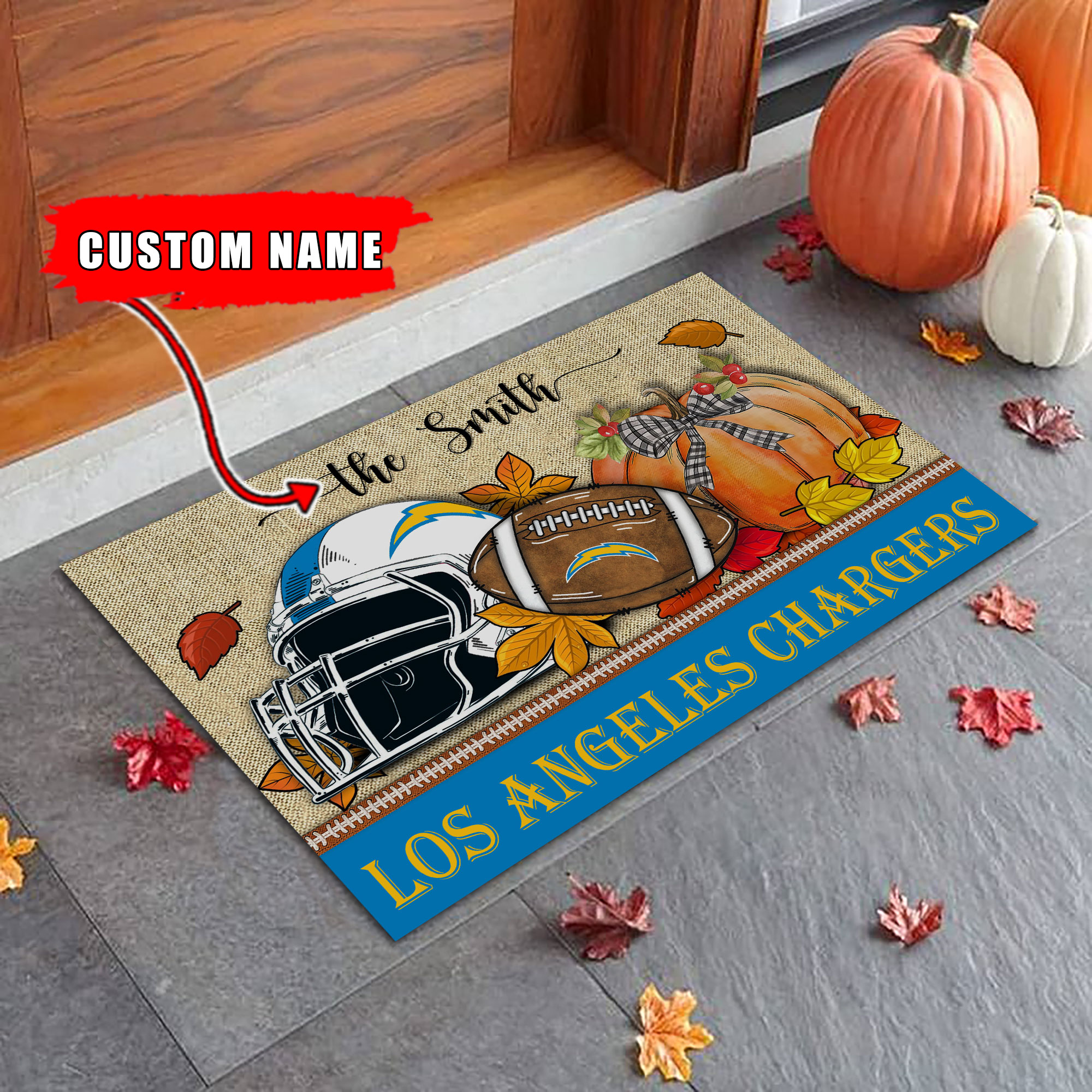 Los Angeles Chargers Fall Football Doormat - Famjoys Los Angeles Chargers Fall Football Doormat - Famjoys