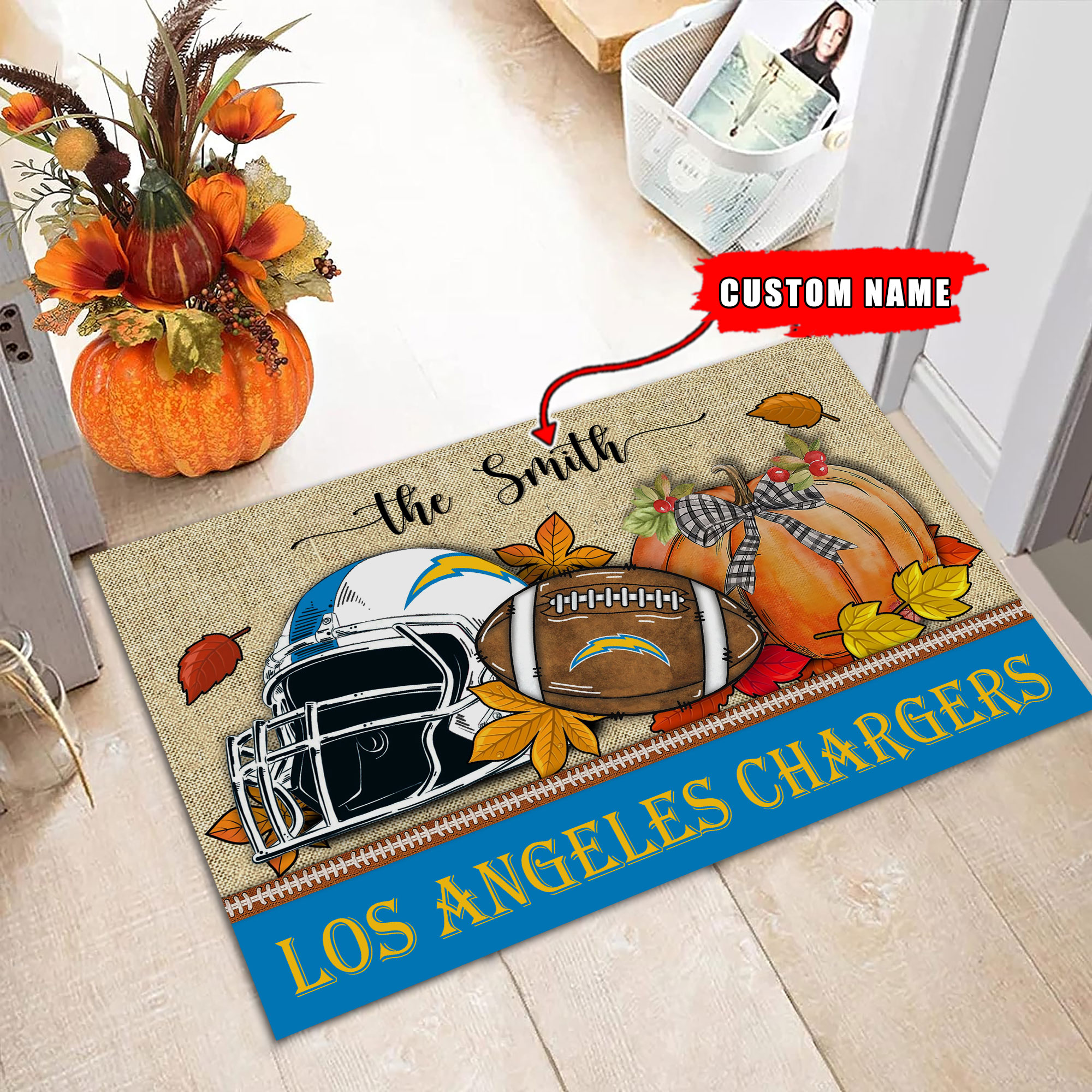Los Angeles Chargers Fall Football Doormat - Famjoys Los Angeles Chargers Fall Football Doormat - Famjoys