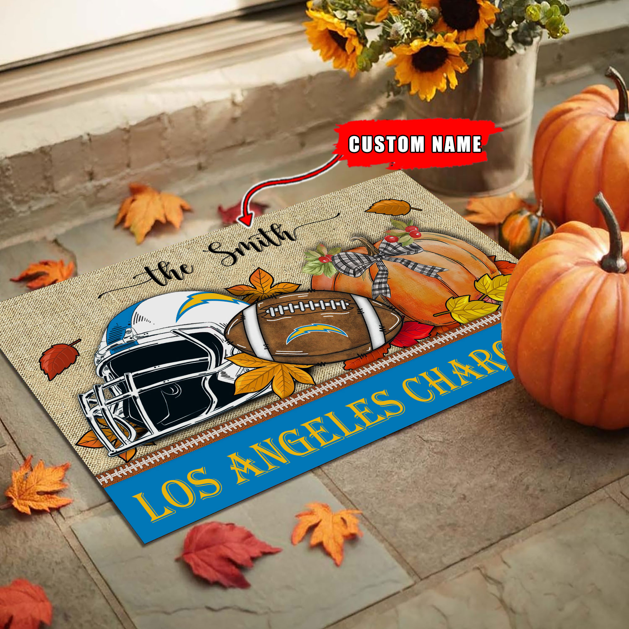 Los Angeles Chargers Fall Football Doormat - Famjoys Los Angeles Chargers Fall Football Doormat - Famjoys