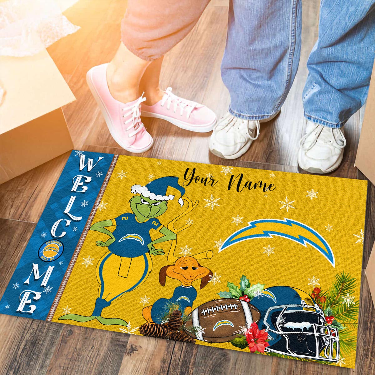 Los Angeles Chargers Grinch Christmas Welcome Football Doormat - Famjoys Los Angeles Chargers Grinch Christmas Welcome Football Doormat - Famjoys