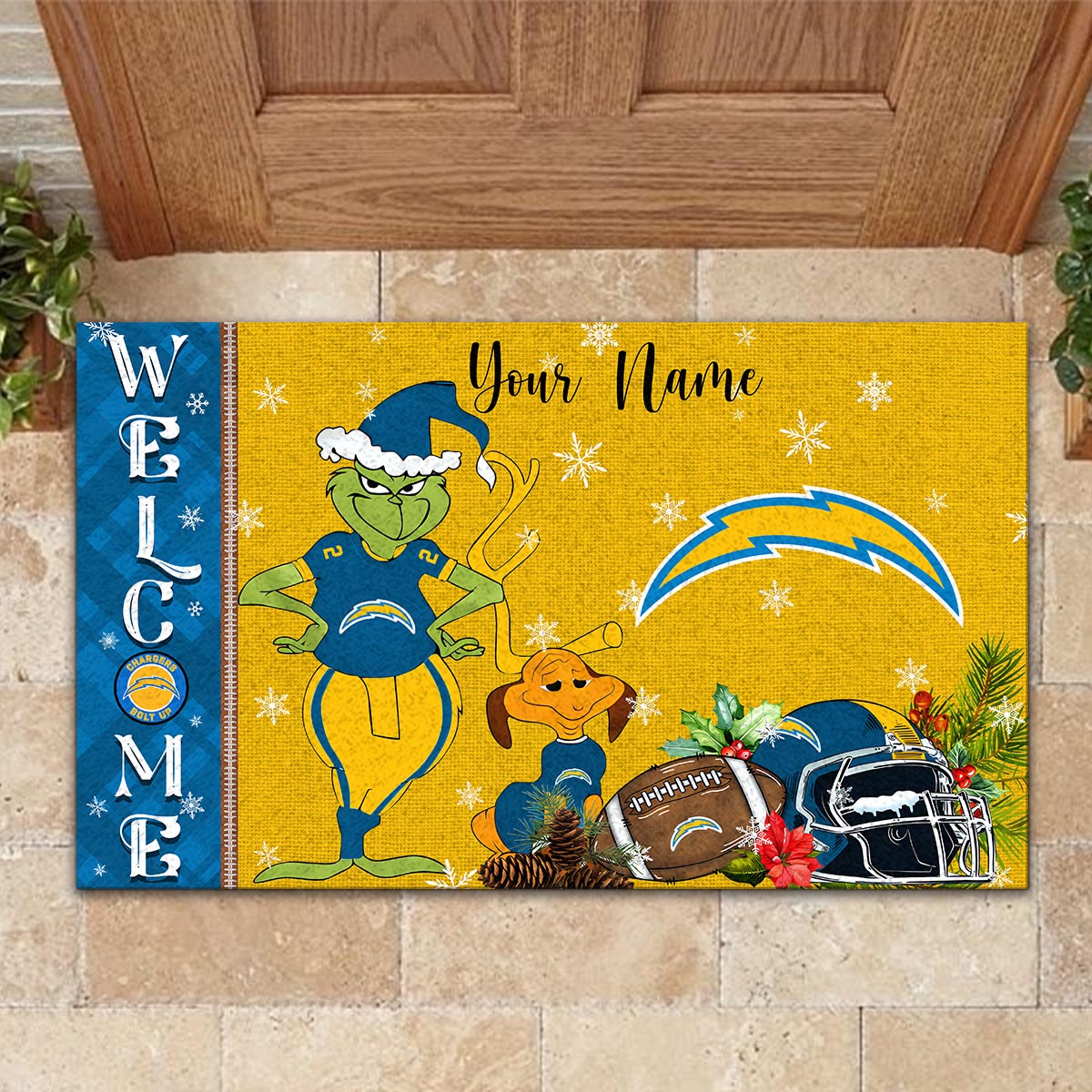 Los Angeles Chargers Grinch Christmas Welcome Football Doormat - Famjoys Los Angeles Chargers Grinch Christmas Welcome Football Doormat - Famjoys
