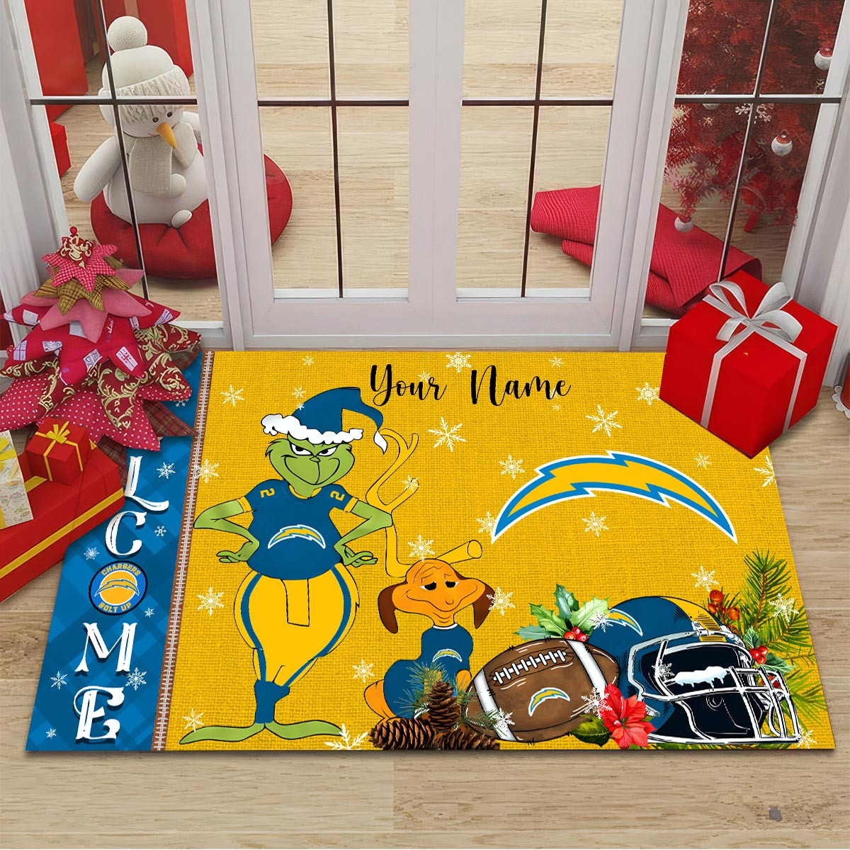 Los Angeles Chargers Grinch Christmas Welcome Football Doormat - Famjoys Los Angeles Chargers Grinch Christmas Welcome Football Doormat - Famjoys