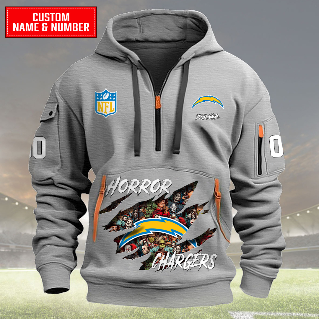Los Angeles Chargers Halloween Horror Collection Personalize Quarter Zip Hoodie AZCAQZH000027 - Famjoys Los Angeles Chargers Halloween Horror Collection Personalize Quarter Zip Hoodie AZCAQZH000027 - Famjoys