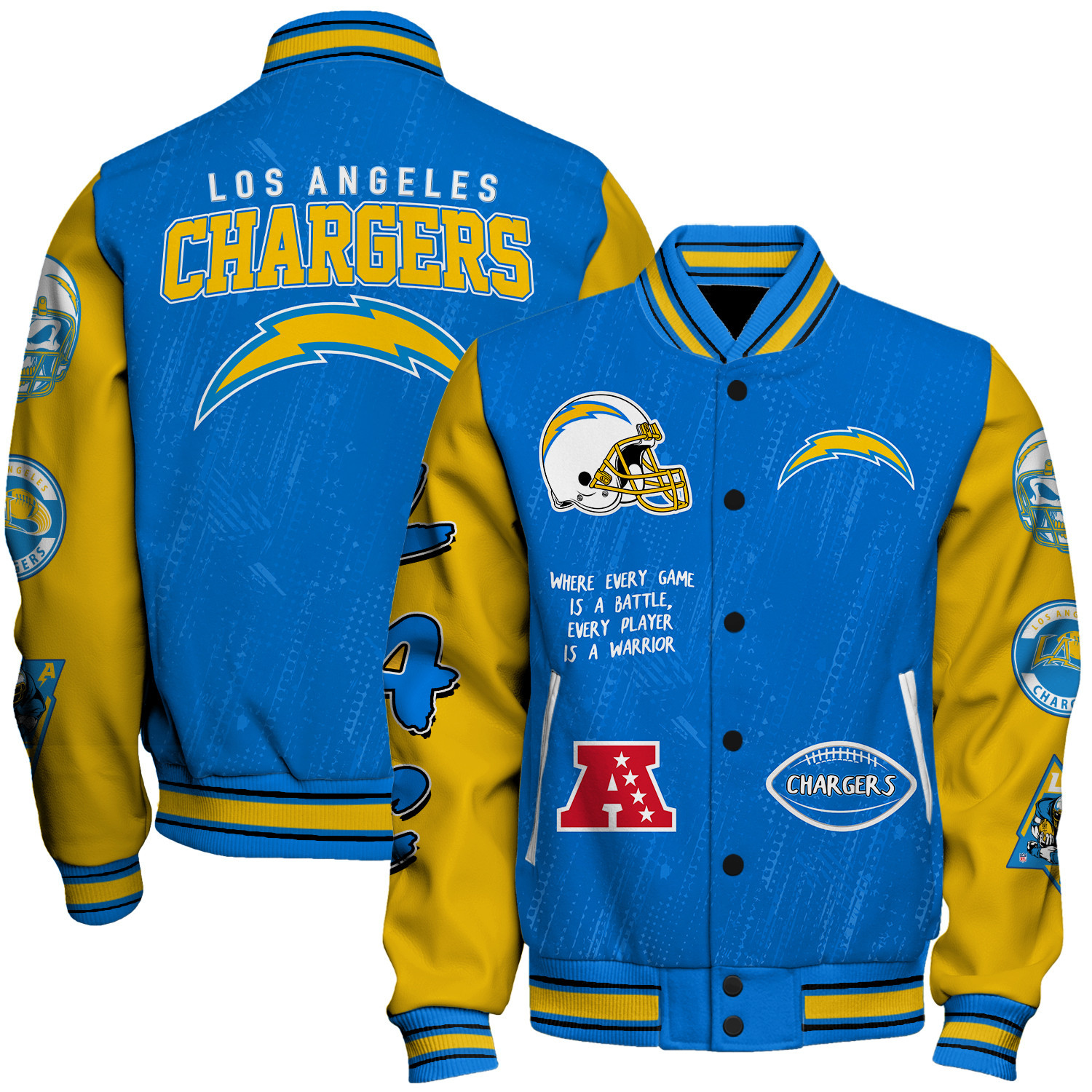 Los Angeles Chargers National Football League Conquer Every Field Unisex Varsity Jacket - Famjoys Los Angeles Chargers National Football League Conquer Every Field Unisex Varsity Jacket - Famjoys