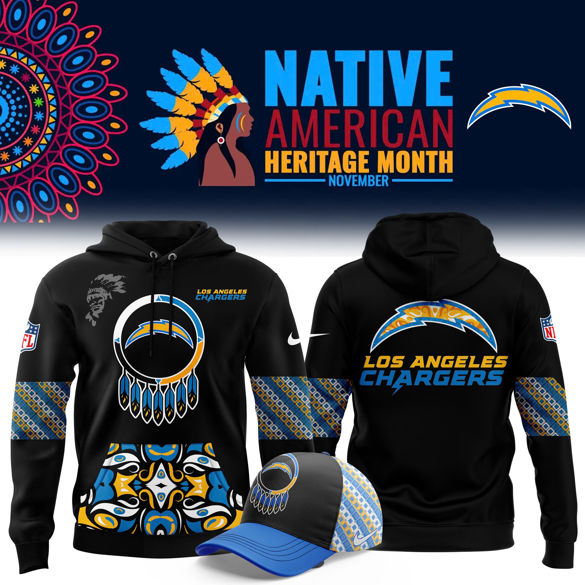 Los Angeles Chargers Native American Heritage Month Premium Pullover Hoodie - Famjoys Los Angeles Chargers Native American Heritage Month Premium Pullover Hoodie - Famjoys