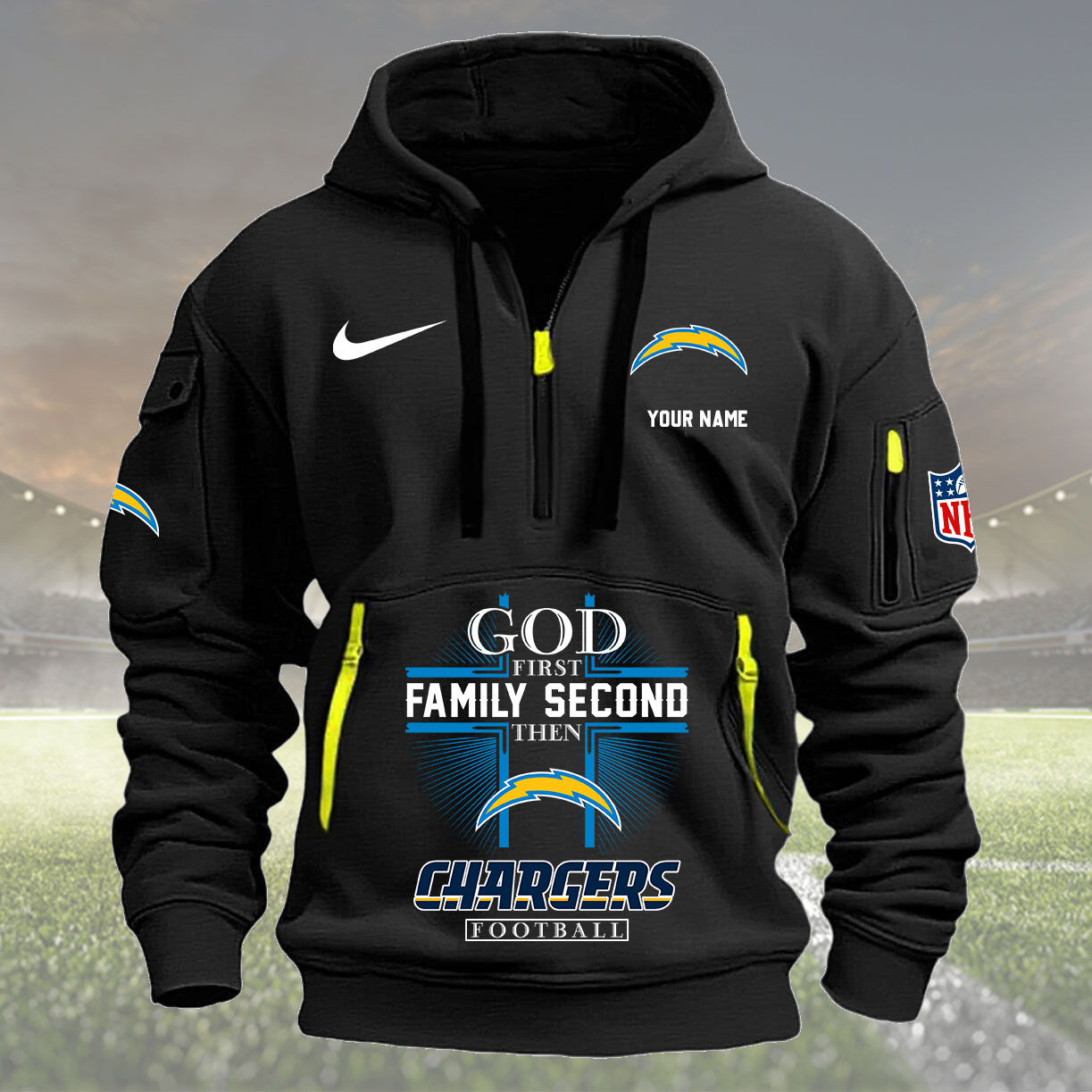 Los Angeles Chargers Personalized Quarter Zip Hoodie New Collection AZBTQZH000267 - Famjoys Los Angeles Chargers Personalized Quarter Zip Hoodie New Collection AZBTQZH000267 - Famjoys