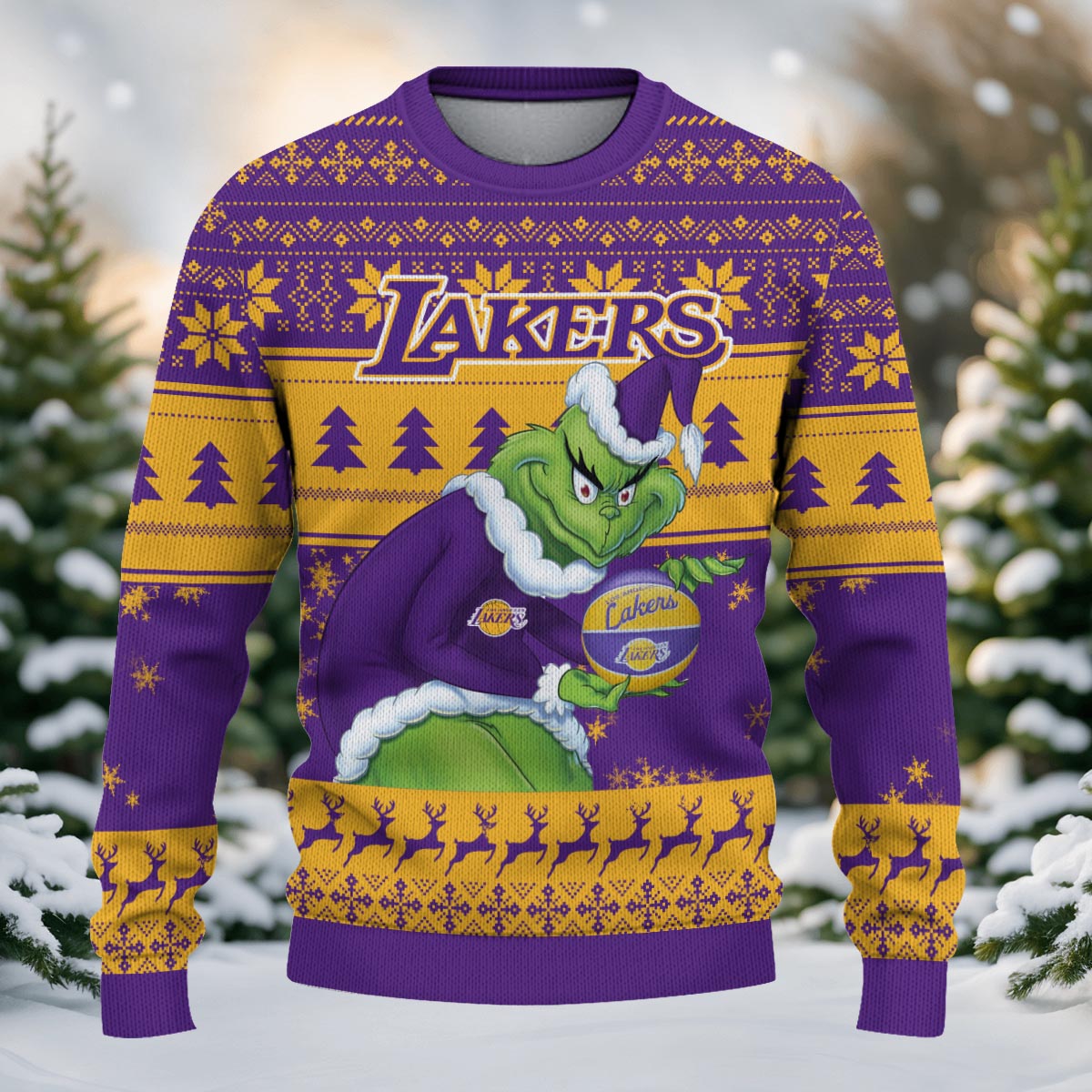 Los Angeles Lakers Grinch Christmas Ugly Sweater - Famjoys Los Angeles Lakers Grinch Christmas Ugly Sweater - Famjoys