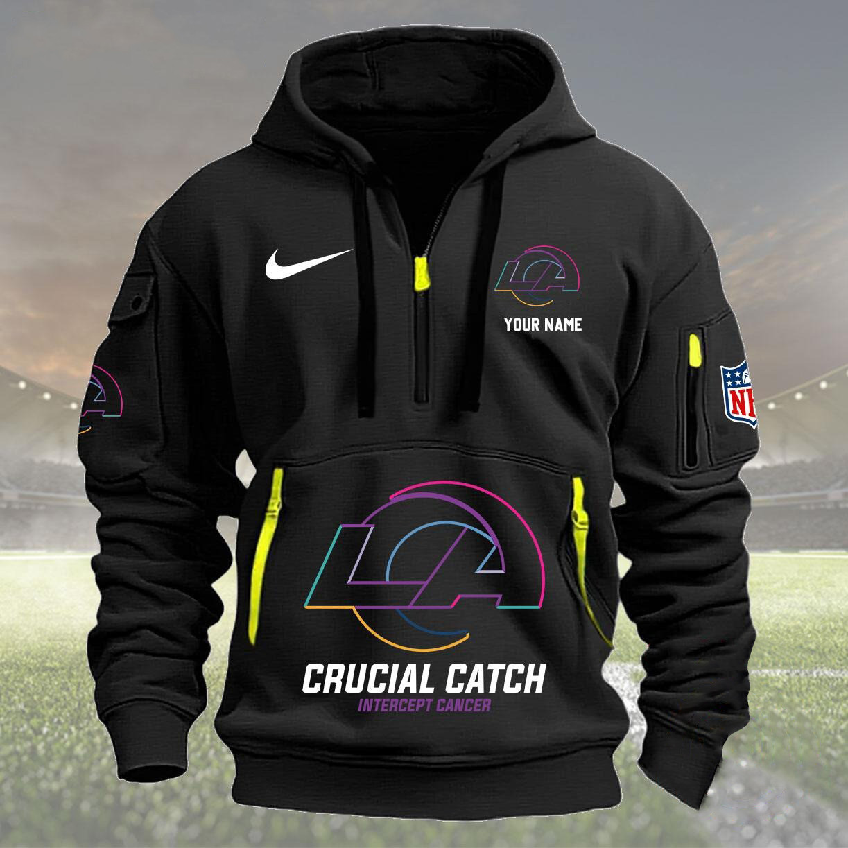Los Angeles Rams 2024 Quarter Half Zip Hoodie Crucial Catch Intercept Cancer - Famjoys Los Angeles Rams 2024 Quarter Half Zip Hoodie Crucial Catch Intercept Cancer - Famjoys