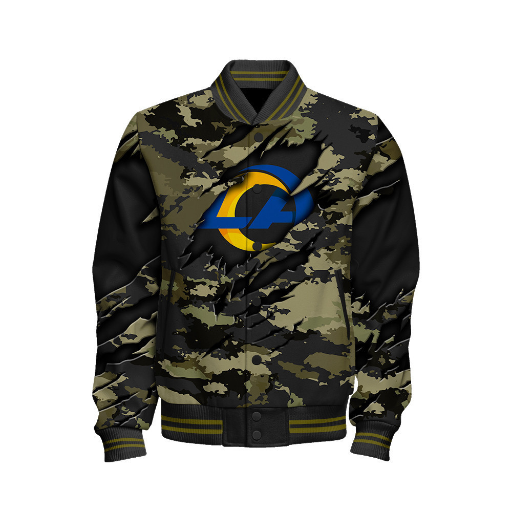 Los Angeles Rams Black Camo Pattern National Football League Varsity Jacket - Famjoys Los Angeles Rams Black Camo Pattern National Football League Varsity Jacket - Famjoys