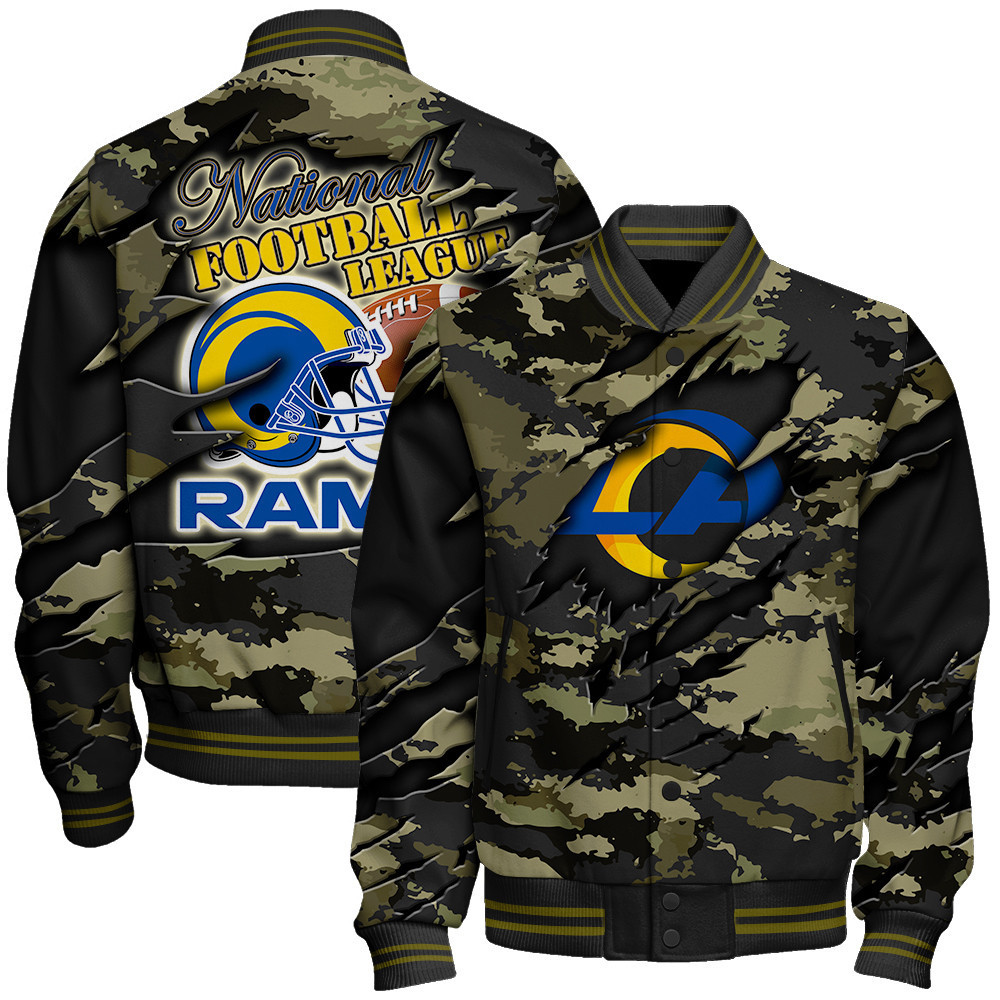 Los Angeles Rams Black Camo Pattern National Football League Varsity Jacket - Famjoys Los Angeles Rams Black Camo Pattern National Football League Varsity Jacket - Famjoys