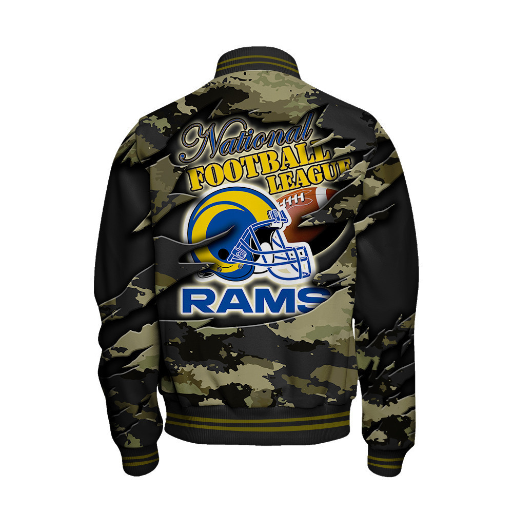 Los Angeles Rams Black Camo Pattern National Football League Varsity Jacket - Famjoys Los Angeles Rams Black Camo Pattern National Football League Varsity Jacket - Famjoys