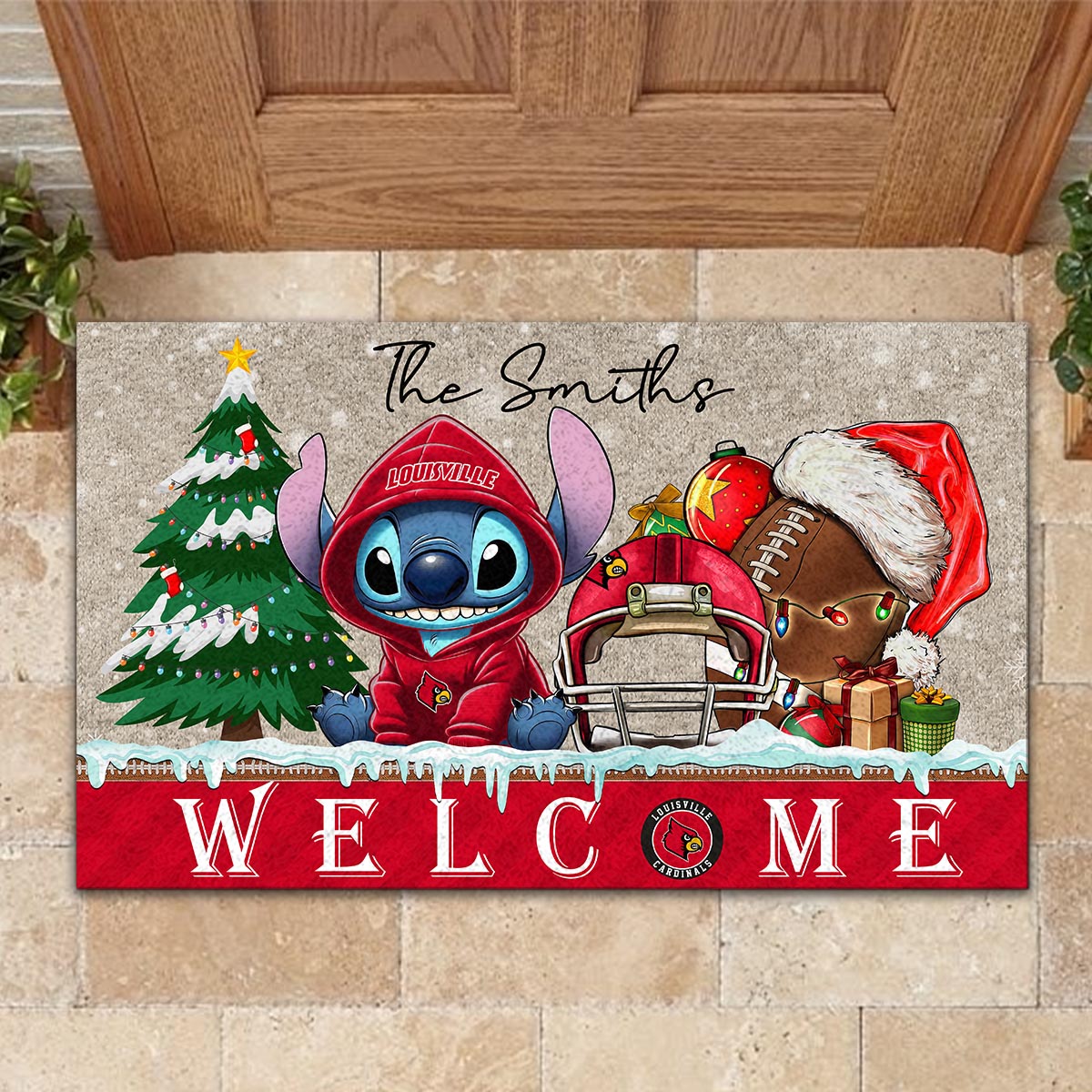 Louisville Cardinals Cute Stitch Christmas Doormat - Famjoys Louisville Cardinals Cute Stitch Christmas Doormat - Famjoys
