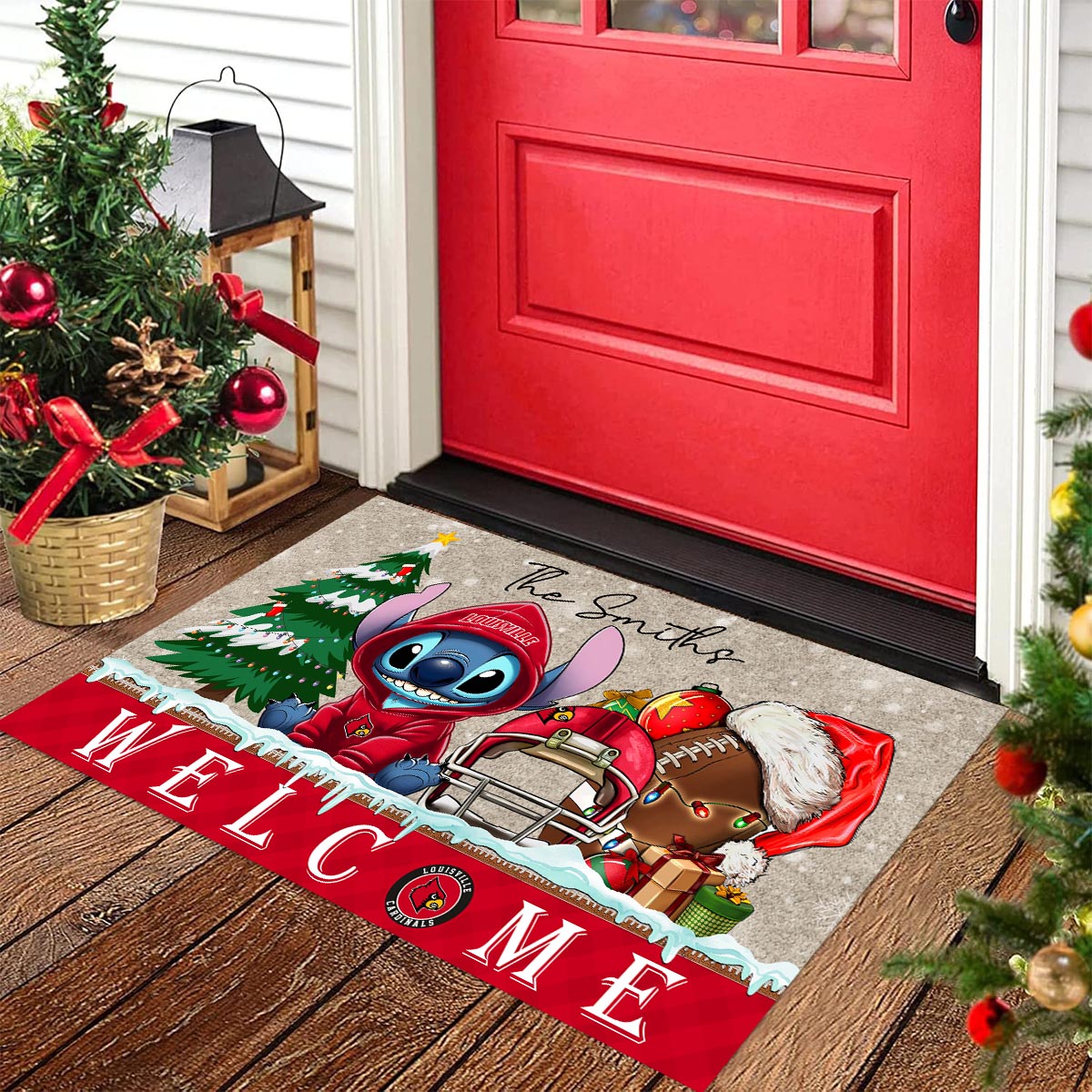 Louisville Cardinals Cute Stitch Christmas Doormat - Famjoys Louisville Cardinals Cute Stitch Christmas Doormat - Famjoys