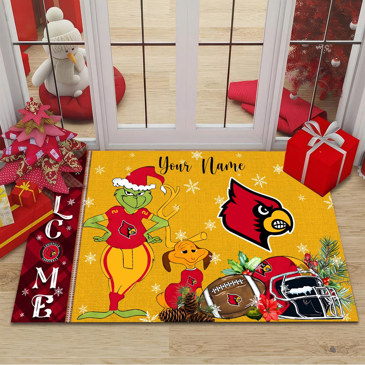 Louisville Cardinals Grinch Christmas Welcome Football Doormat - Famjoys Louisville Cardinals Grinch Christmas Welcome Football Doormat - Famjoys
