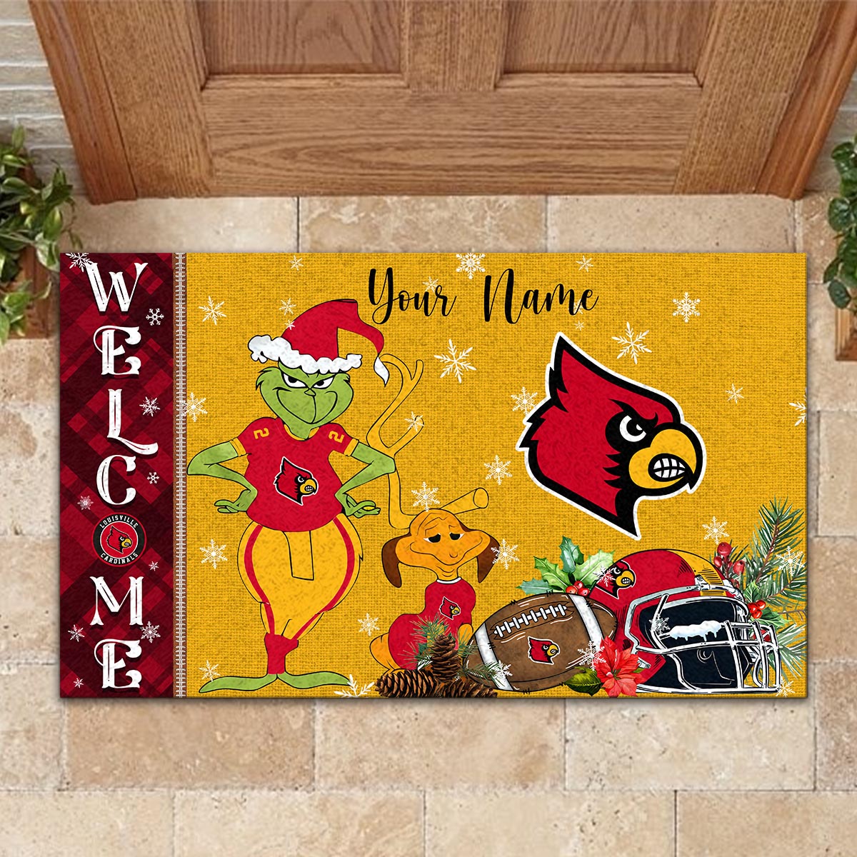 Louisville Cardinals Grinch Christmas Welcome Football Doormat - Famjoys Louisville Cardinals Grinch Christmas Welcome Football Doormat - Famjoys