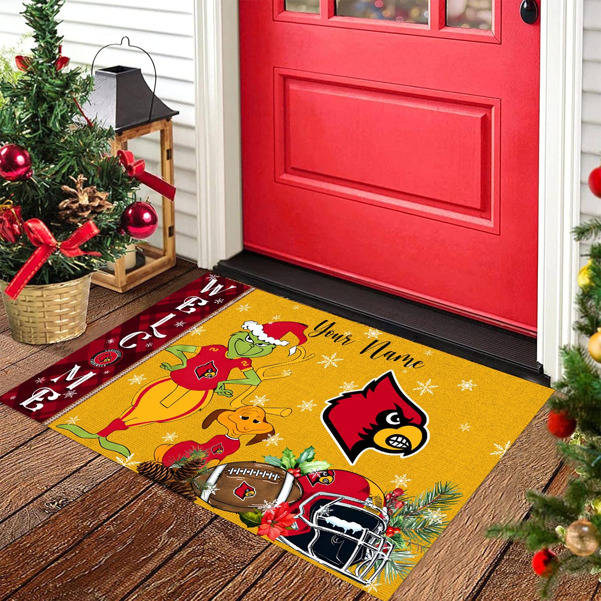 Louisville Cardinals Grinch Christmas Welcome Football Doormat - Famjoys Louisville Cardinals Grinch Christmas Welcome Football Doormat - Famjoys