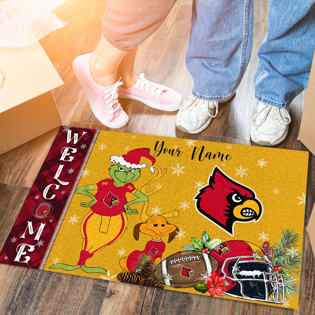 Louisville Cardinals Grinch Christmas Welcome Football Doormat - Famjoys Louisville Cardinals Grinch Christmas Welcome Football Doormat - Famjoys
