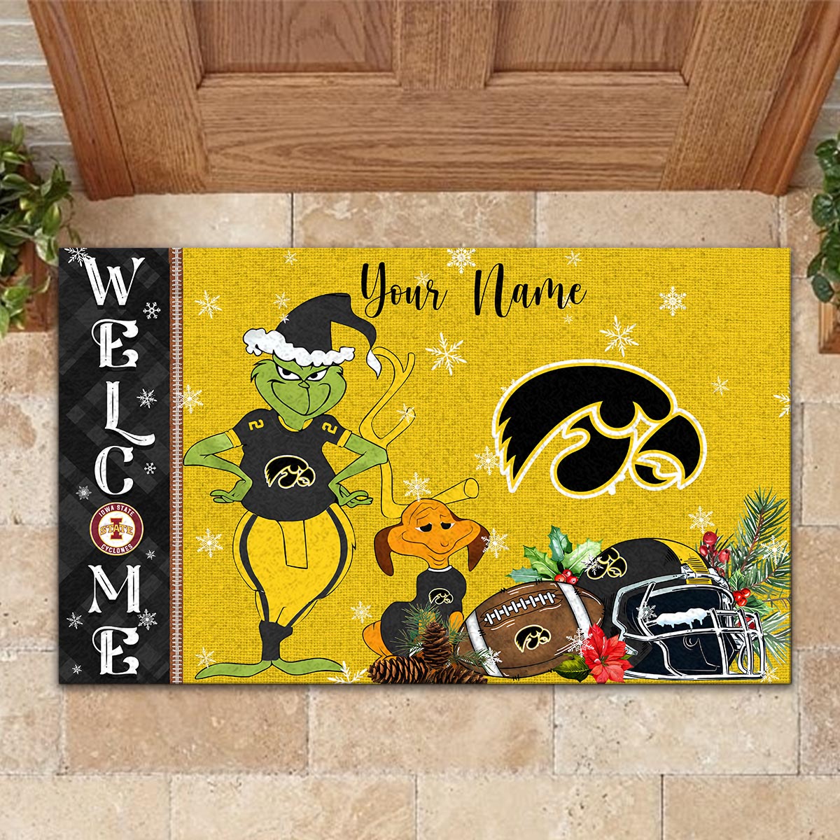 lowa State Cyclones Grinch Christmas Welcome Football Doormat - Famjoys lowa State Cyclones Grinch Christmas Welcome Football Doormat - Famjoys