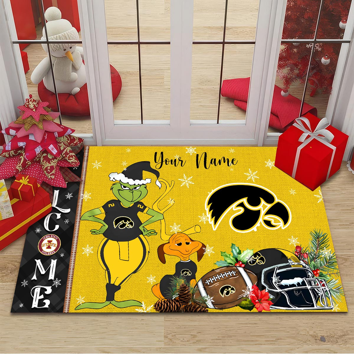 lowa State Cyclones Grinch Christmas Welcome Football Doormat - Famjoys lowa State Cyclones Grinch Christmas Welcome Football Doormat - Famjoys