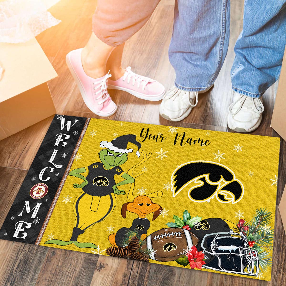 lowa State Cyclones Grinch Christmas Welcome Football Doormat - Famjoys lowa State Cyclones Grinch Christmas Welcome Football Doormat - Famjoys