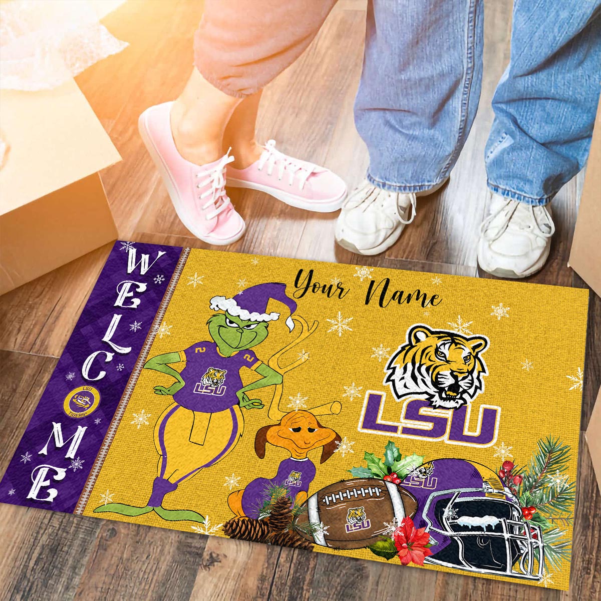 LSU Tigers Grinch Christmas Welcome Football Doormat - Famjoys LSU Tigers Grinch Christmas Welcome Football Doormat - Famjoys