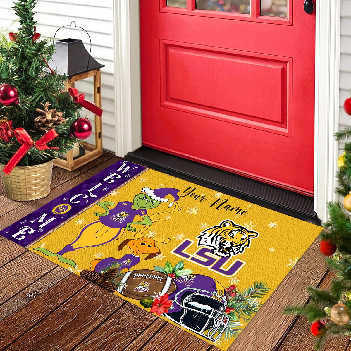 LSU Tigers Grinch Christmas Welcome Football Doormat - Famjoys LSU Tigers Grinch Christmas Welcome Football Doormat - Famjoys