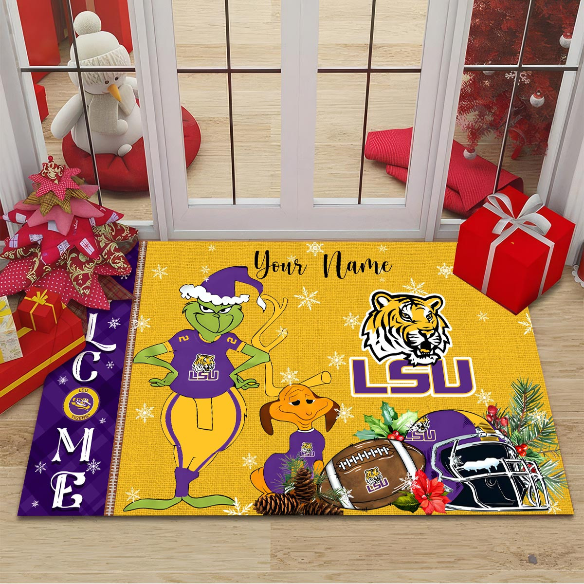 LSU Tigers Grinch Christmas Welcome Football Doormat - Famjoys LSU Tigers Grinch Christmas Welcome Football Doormat - Famjoys
