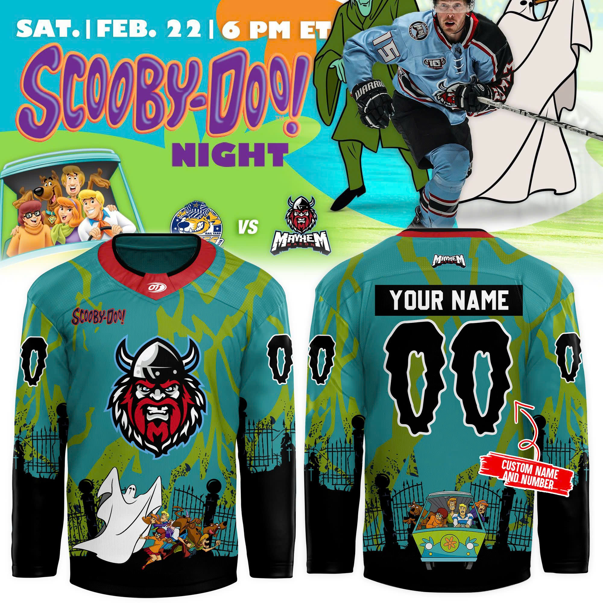 Macon Mayhem x Scooby Doo Hockey Jersey 2025 - Famjoys Macon Mayhem x Scooby Doo Hockey Jersey 2025 - Famjoys