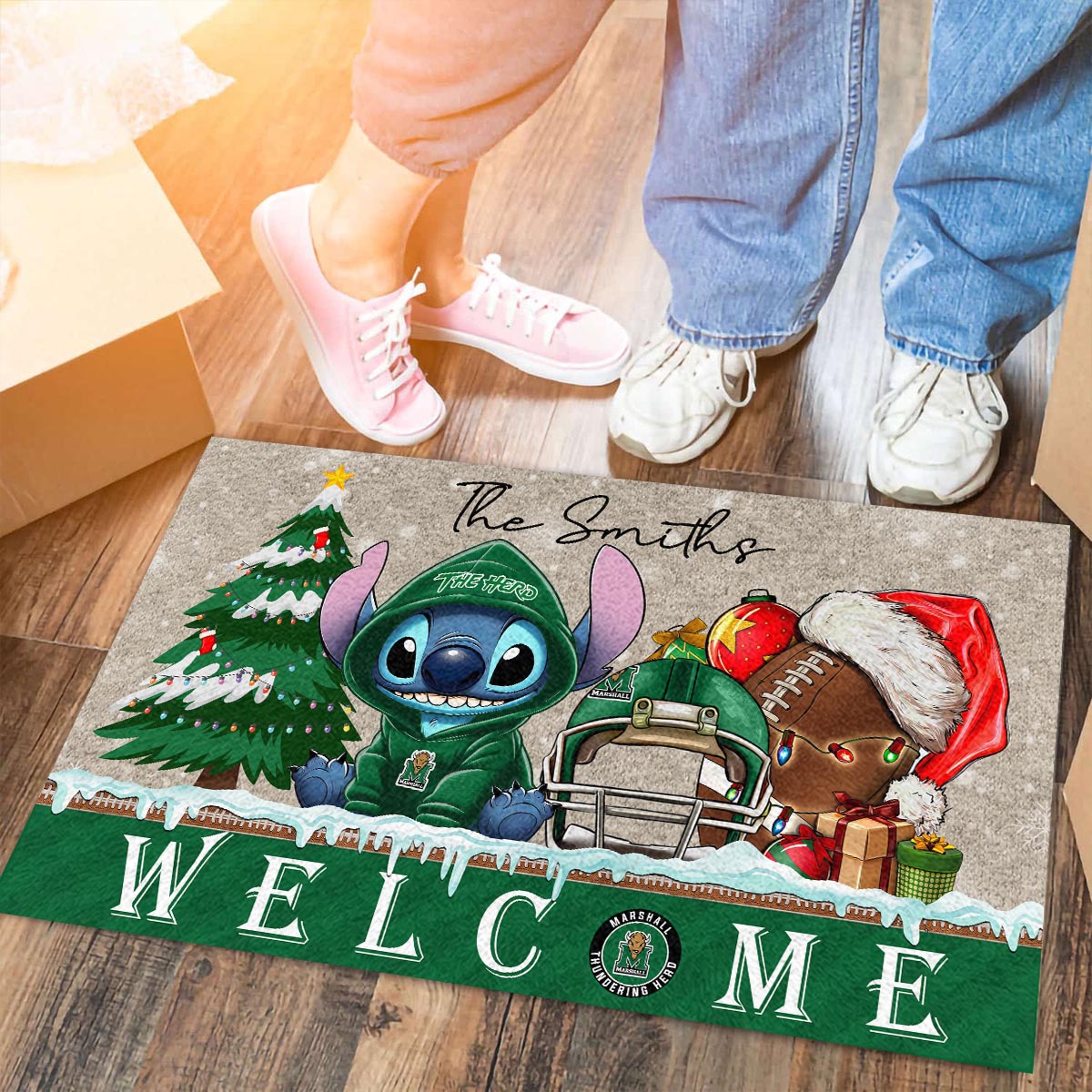 Marshall Thundering Herd Cute Stitch Christmas Doormat - Famjoys Marshall Thundering Herd Cute Stitch Christmas Doormat - Famjoys