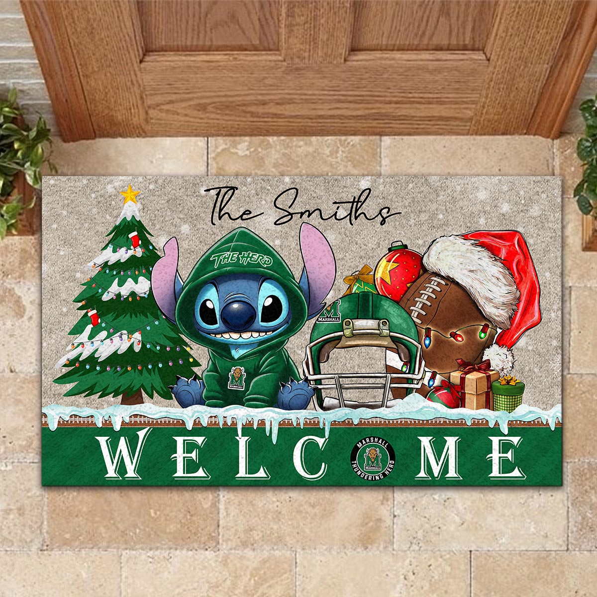 Marshall Thundering Herd Cute Stitch Christmas Doormat - Famjoys Marshall Thundering Herd Cute Stitch Christmas Doormat - Famjoys