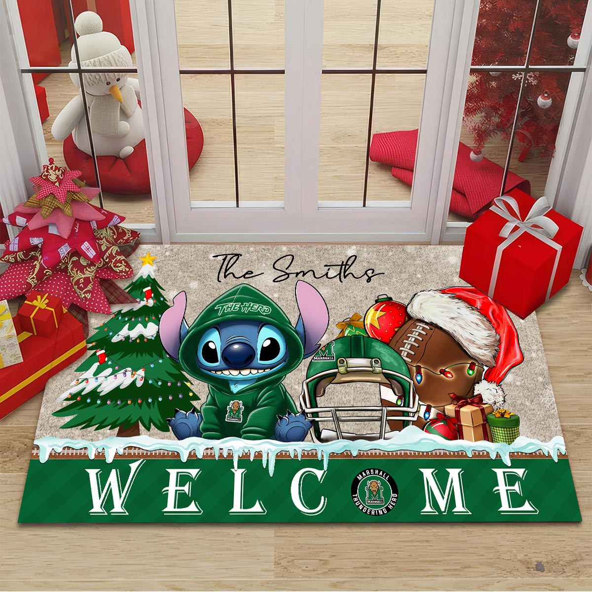 Marshall Thundering Herd Cute Stitch Christmas Doormat - Famjoys Marshall Thundering Herd Cute Stitch Christmas Doormat - Famjoys