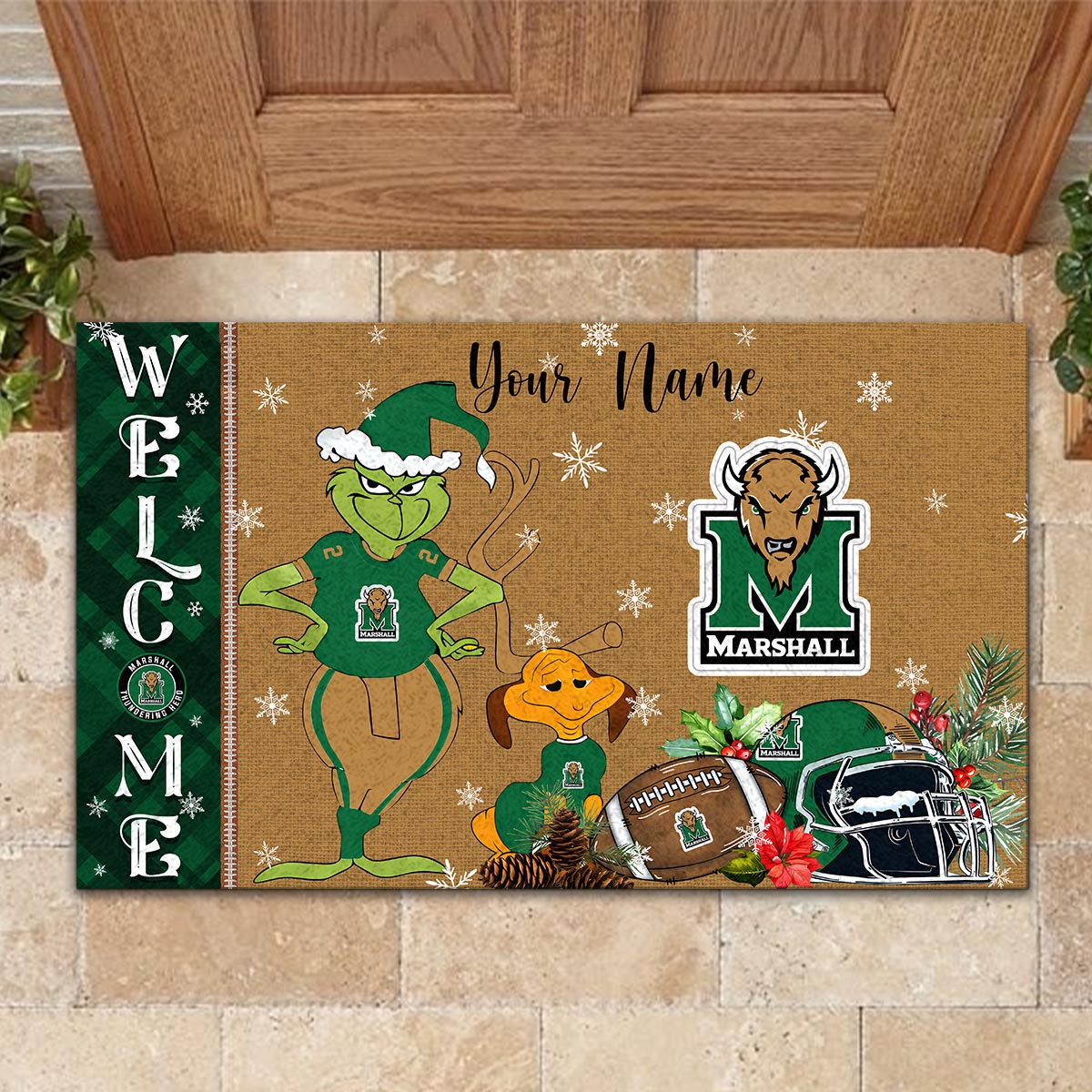 Marshall Thundering Herd Grinch Christmas Welcome Football Doormat - Famjoys Marshall Thundering Herd Grinch Christmas Welcome Football Doormat - Famjoys
