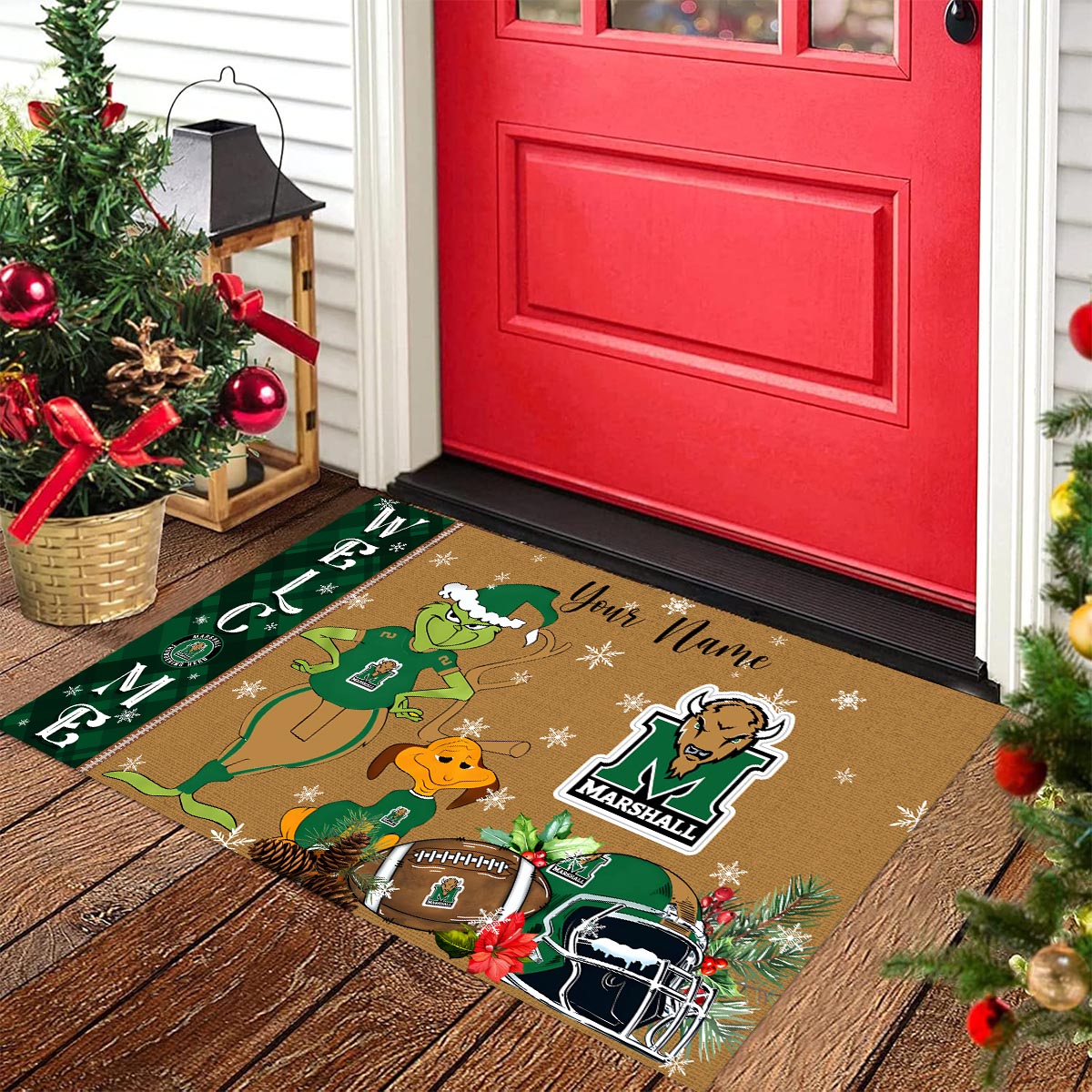 Marshall Thundering Herd Grinch Christmas Welcome Football Doormat - Famjoys Marshall Thundering Herd Grinch Christmas Welcome Football Doormat - Famjoys