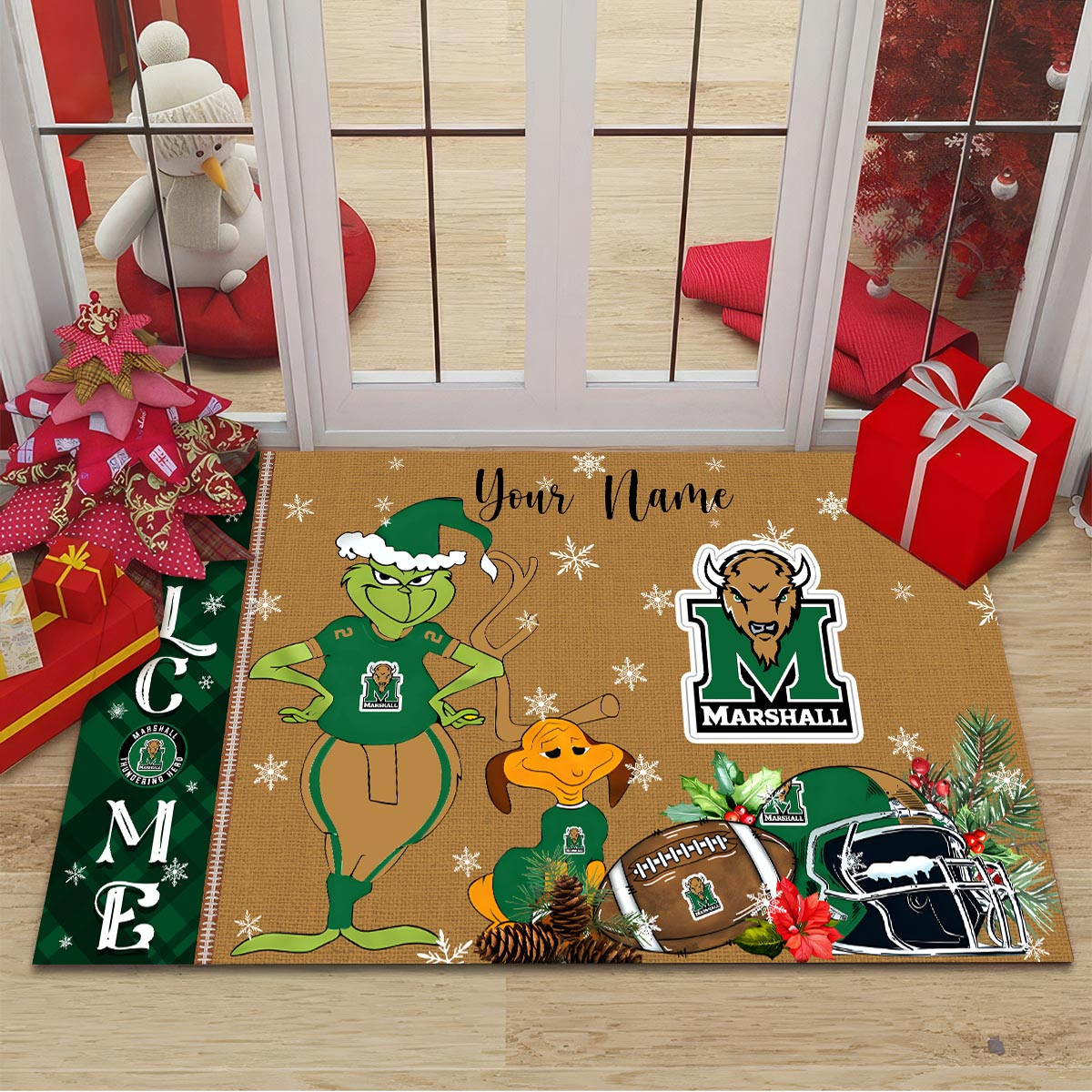 Marshall Thundering Herd Grinch Christmas Welcome Football Doormat - Famjoys Marshall Thundering Herd Grinch Christmas Welcome Football Doormat - Famjoys