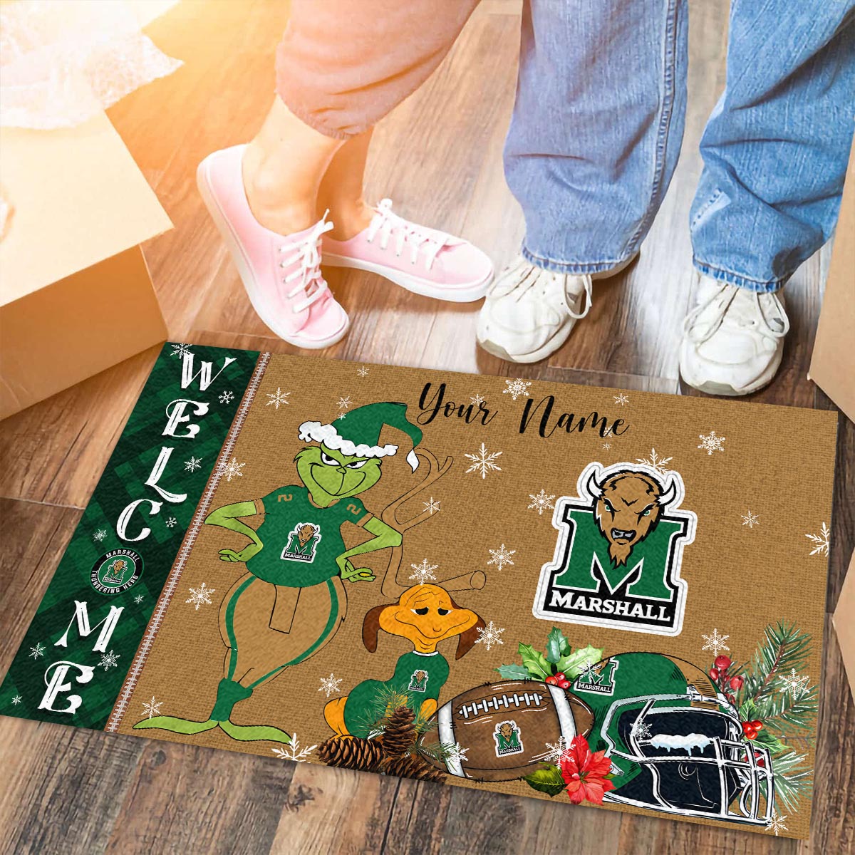 Marshall Thundering Herd Grinch Christmas Welcome Football Doormat - Famjoys Marshall Thundering Herd Grinch Christmas Welcome Football Doormat - Famjoys