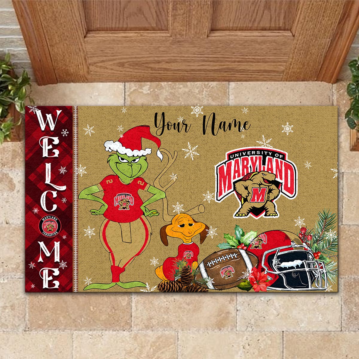 Maryland Terrapins Grinch Christmas Welcome Football Doormat - Famjoys Maryland Terrapins Grinch Christmas Welcome Football Doormat - Famjoys