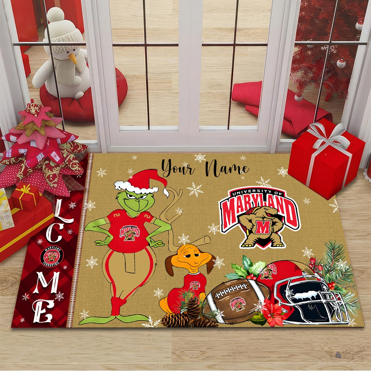 Maryland Terrapins Grinch Christmas Welcome Football Doormat - Famjoys Maryland Terrapins Grinch Christmas Welcome Football Doormat - Famjoys