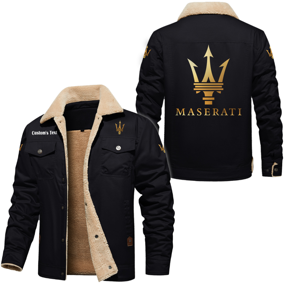 Maserati Golden Logo Cargo Fleece Lined Cotton Jacket Multicolor, vintage style, customize name 