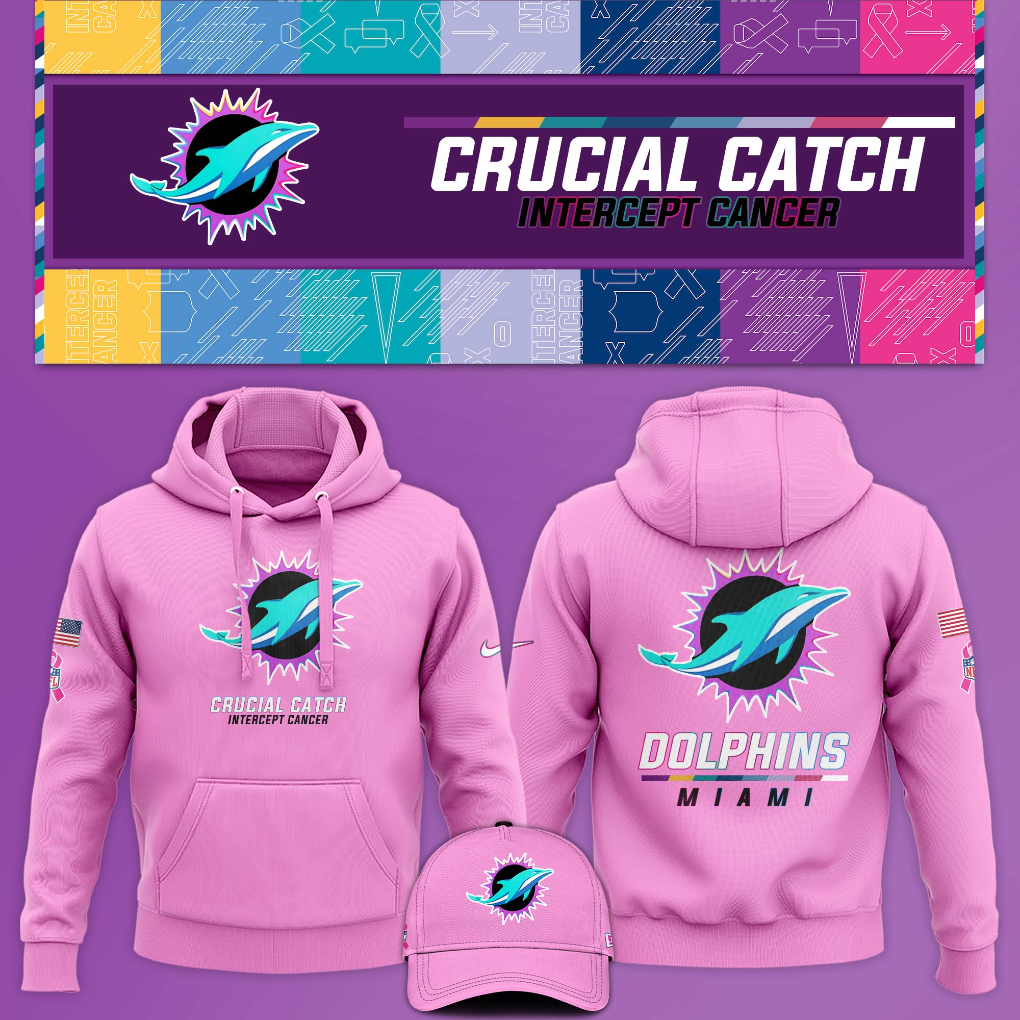 Miami Dolphin Crucial Catch Hoodie V1 Pink - Famjoys Miami Dolphin Crucial Catch Hoodie V1 Pink - Famjoys