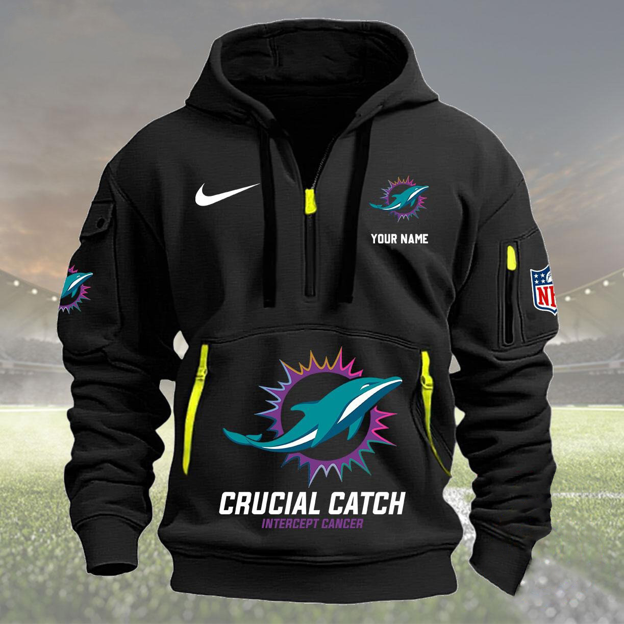 Miami Dolphins 2024 Quarter Half Zip Hoodie Crucial Catch Intercept Cancer - Famjoys Miami Dolphins 2024 Quarter Half Zip Hoodie Crucial Catch Intercept Cancer - Famjoys