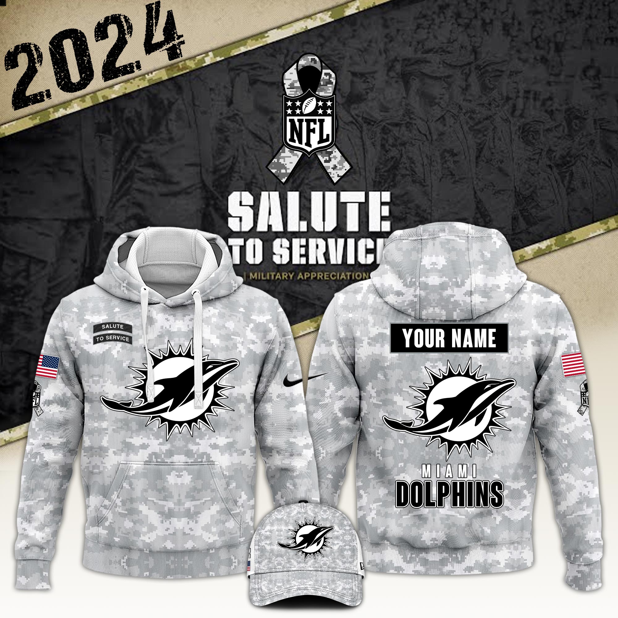 Miami Dolphins Arctic Camo Salute to Service Club Hoodie 2024