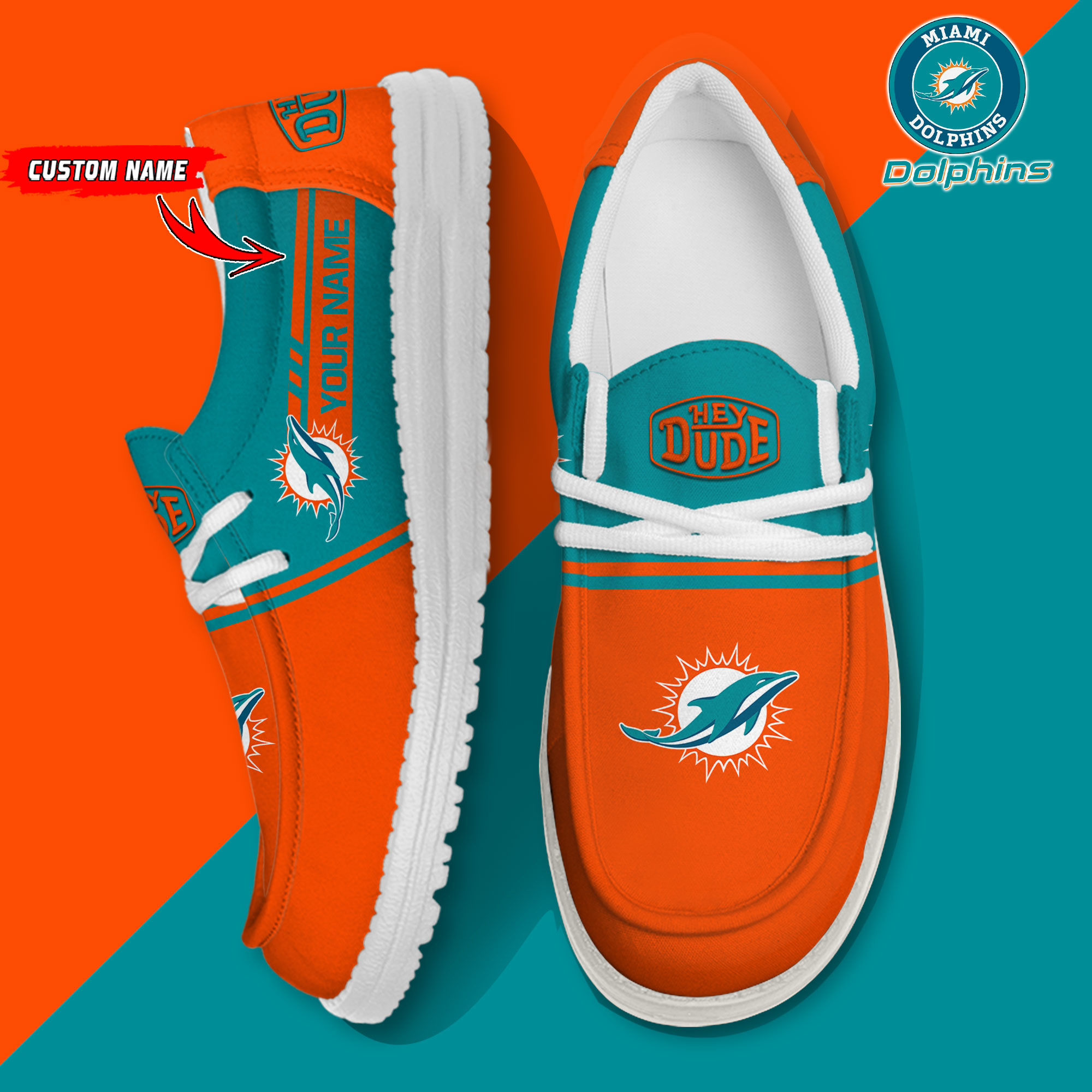 Miami Dolphins Football Hey Dude Canvas Loafer Shoes – Custom Name - Famjoys Miami Dolphins Football Hey Dude Canvas Loafer Shoes – Custom Name - Famjoys